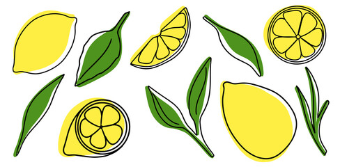 Collection of exotic lemon fruit, summer tropical fruit, lemon leaves, green, yellow colors, network lemon icons, vector illustration, white background, flat icon, single line and colored spots