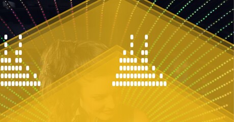 Composition of sound frequency level meters on yellow with chevrons and lines over smiling woman