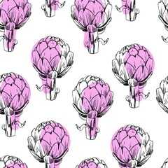Artichoke sketch seamless pattern. Drawn artichokes isolated on white background. Abstract colored spots. Black vector background