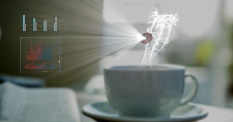 Composition of steaming coffee cup on office desk with virtual data interface screen