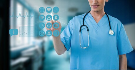 Composition of female doctor standing using virtual medical research data interface screen