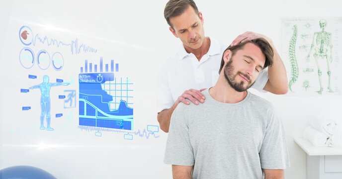 Composition of male physiotherapist treating patient and medical research data interface screen