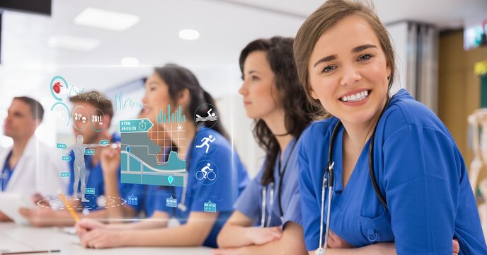 Composition of smiling team of doctors at meeting and medical research data interface screen