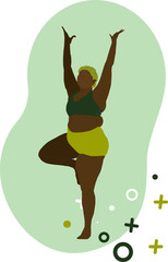Woman in swimsuit. Vector illustration. Cute woman doing yoga. Yoga classes. African woman practicing yoga. plus size woman. black girl doing yoga.