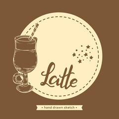 Hand drawn sketch mug with coffee drink, latte.