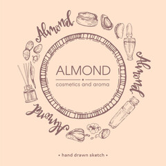 Circle surrounded with almond nuts, cosmetics and lettering with white lettering inside