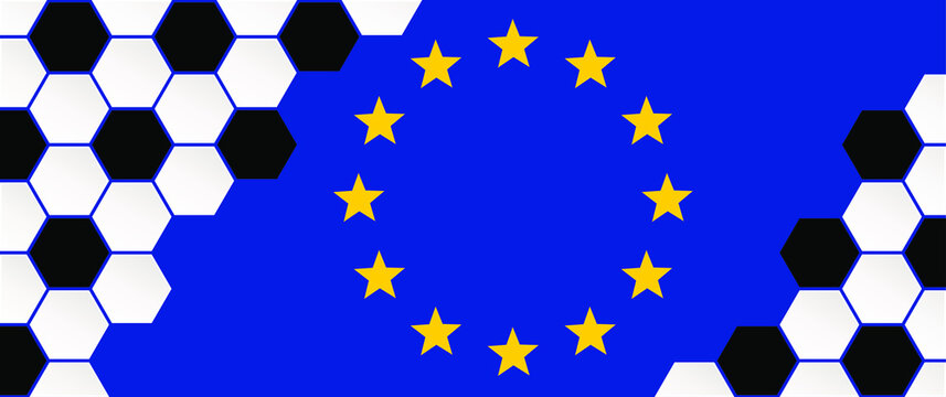 Soccer ball on blue background with the flag of europe. Football net pattern. Flat vector wk, ek banner. Sports game cup. Honeycomb cells hexagon pattern. Red background. Soccer foot ball 2021.