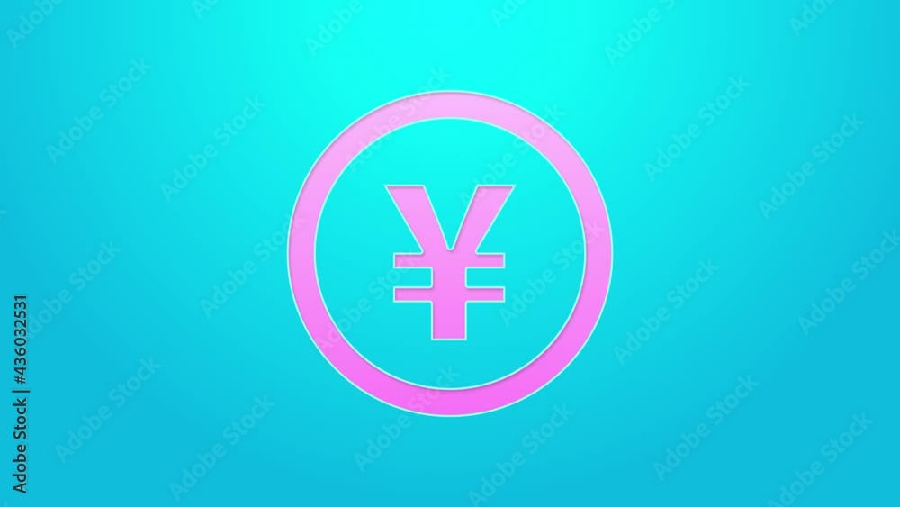 Poster pink line chinese yuan currency symbol icon isolated on blue background. coin money. banking currenc