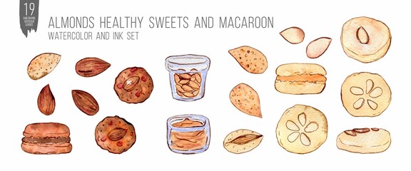 Watercolor and ink almonds and sweets set isolated on white.  Colorfull set for design a textile, wallpapers, print and banners.