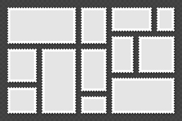 Blank postage stamps collection. Sticky paper stamp with shadow. Vector illustration.