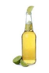 Bottle of beer with lime isolated on white background