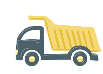 truck dump truck car yellow. isolated car. construction equipment. hand drawn cartoon style, vector illustration.