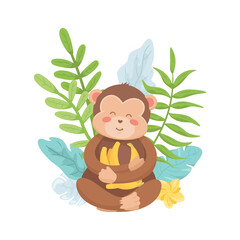 Cute monkey holding bananas. Charming kids character with jungle leaves on background. Wild baby animal. Vector nursery illustration, print, poster, card.