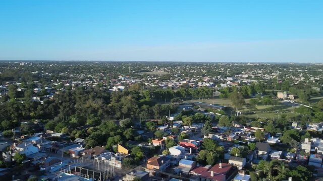 Drone images and panning over Merlo, suburbs of Buenos Aires, Argentina