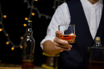 Bartender Serve Whiskey, on wood bar, 