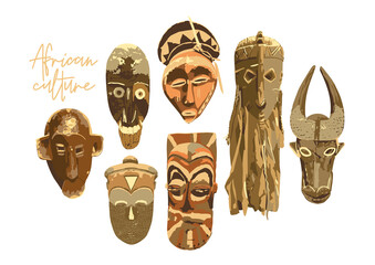 Collection of african woodenn ritual masks isolated on white background.