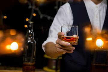 Bartender Serve Whiskey, on wood bar, 