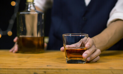 Bartender Serve Whiskey, on wood bar, 