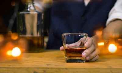 Bartender Serve Whiskey, on wood bar, 
