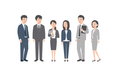 Business asian team. Vector illustration of diverse cartoon men and women in office outfits. Isolated on white background. Colorful vector illustration in flat style