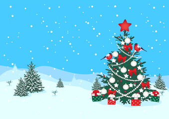 Merry Christmas. The Christmas tree is decorated with balls and garlands and presents against the backdrop of a winter landscape. Vector horizontal illustration for poster, greeting card or flyer