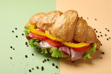 Tasty croissant sandwich on two tone background