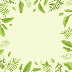 Green frame with palm leaves and blank space. Banner for special offers, discounts and sales. Bright summer exotic poster for design