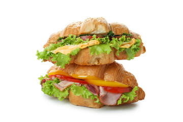 Tasty croissant sandwiches isolated on white background