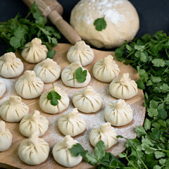 Raw uncooked dumplings or khinkali sprinkled with flour on wooden cutting board. Cooking process of Convenience products for eating or for freezing. Dough stuffed.