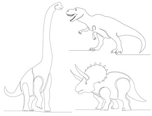 dinosaur continuous line drawing, sketch, isolated, vector, set