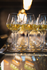 transparent glasses with champagne in a restaurant close-up