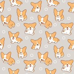 Seamless Pattern with Cute Cartoon Corgi Dog Design on Grey Background