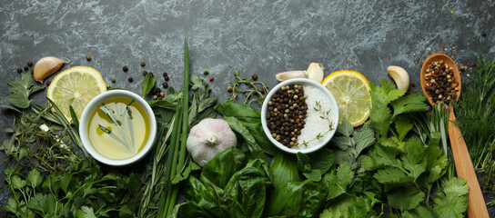Fresh herbs on black smokey background, top view © Atlas