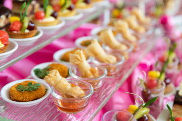 Collection of delicious snack and dessert for party or wedding, gastronomy, event organization concept.