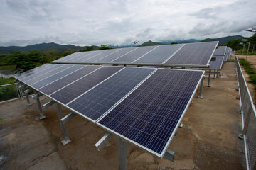 Solar cells on a day without sunlight during the rainy season in Thailand
