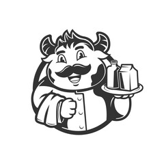 mascot character, cows waiter with milk. vector illustration