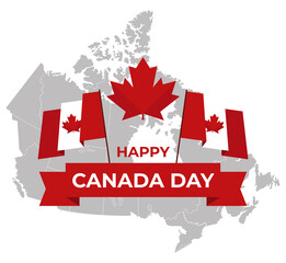 Celebrate the national day of Canada. Сanadian map with lettering Happy Canada day. Greeting card, poster for national celebration party, independence day, travel banner