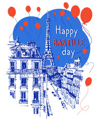 French National Day, Happy Bastille Day, 14th July. Vector sketch illustration of Paris. Bastille Day design concept. Flat style. Banner, card or poster. Eiffel Tower sketched illustration. 