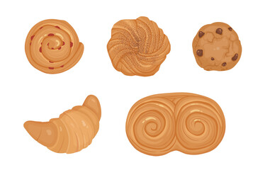 Bundle of bakery products and homemade baked food of different types, shapes and sizes isolated on white background - croissant,loaf, bun, baguette, toast, muffin. Hand drawn vector illustration.