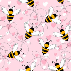 Seamless pattern with bees and hearts on color background. Small wasp. Vector illustration. Adorable cartoon character. Template design for invitation, cards, textile, fabric. Doodle style