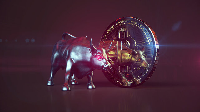 Wallstreet Stier mit rot leuchtenden Augen neben Bitcoin Münze | 3D Render Illustration
