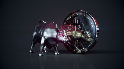 Wallstreet Stier mit rot leuchtenden Augen neben Bitcoin Münze | 3D Render Illustration