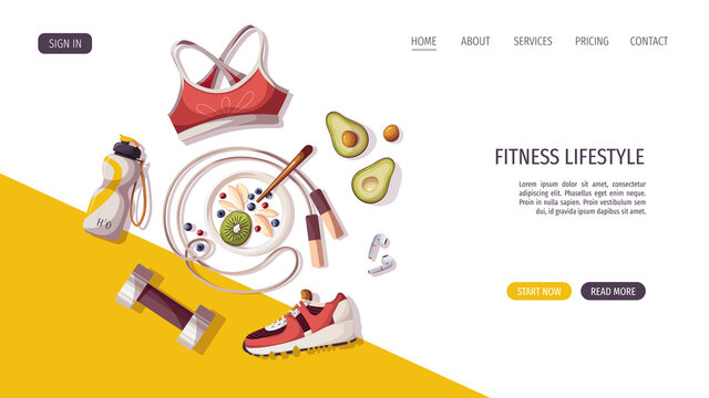 Healthy lifestyle, natural food, motivation, sport equipment, fitness, training, sportswear, sporting goods store, workout concept. Vector illustration for poster, banner, website, advertising.