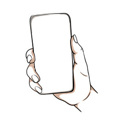 Hand holding smartphone and touching screen. Line art. Realistic hand with gadget
