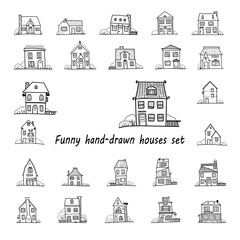 Sketch set of black hand-drawn house, detached, single family houses with trees. Doodle cartoon vector illustration of Home Sweet Home. House Exterior. 
