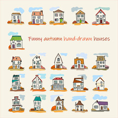 Obraz premium Sketch set of autumn Halloween hand-drawn house, detached, single family houses with trees. Doodle cartoon vector illustration of Home Sweet Home. House Exterior. 