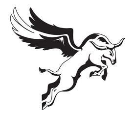 Black and white vector winged bull is flying