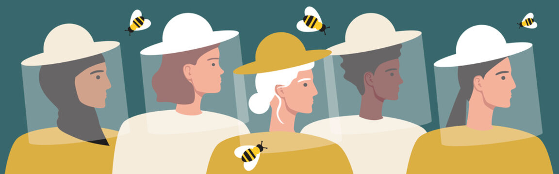 Women protect bees, Flat vector stock illustration with people beekeepers in masks as a concept of female beekeeping
