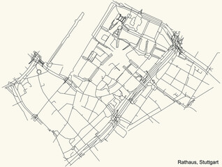 Black simple detailed street roads map on vintage beige background of the quarter Rathaus of district Mitte of Stuttgart, Germany