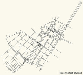 Black simple detailed street roads map on vintage beige background of the quarter Neue Vorstadt of district Mitte of Stuttgart, Germany